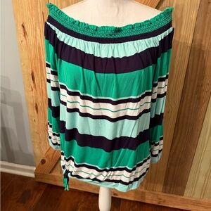 Crown & Ivy Green, Navy & White Striped Off-Shoulder Top